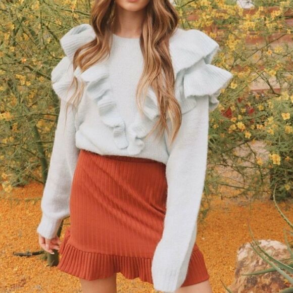 LOST + WANDER Stay Humble Sweater Exaggerated Ruffle Baby Blue M / L NWT - Picture 1 of 13